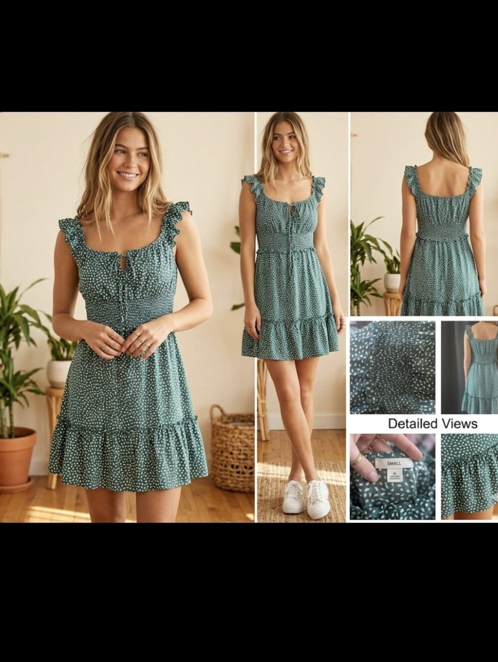Green Polka Dot Ruffle Mini Dress - Unbranded